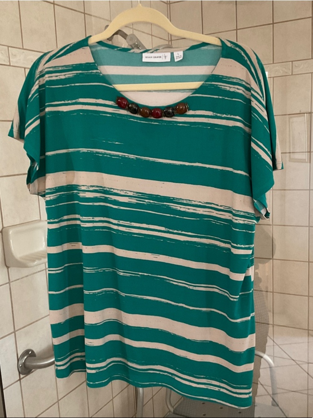 Susan Graver Teal and Cream Striped Scoop Neck Tunic with Bead Accent
